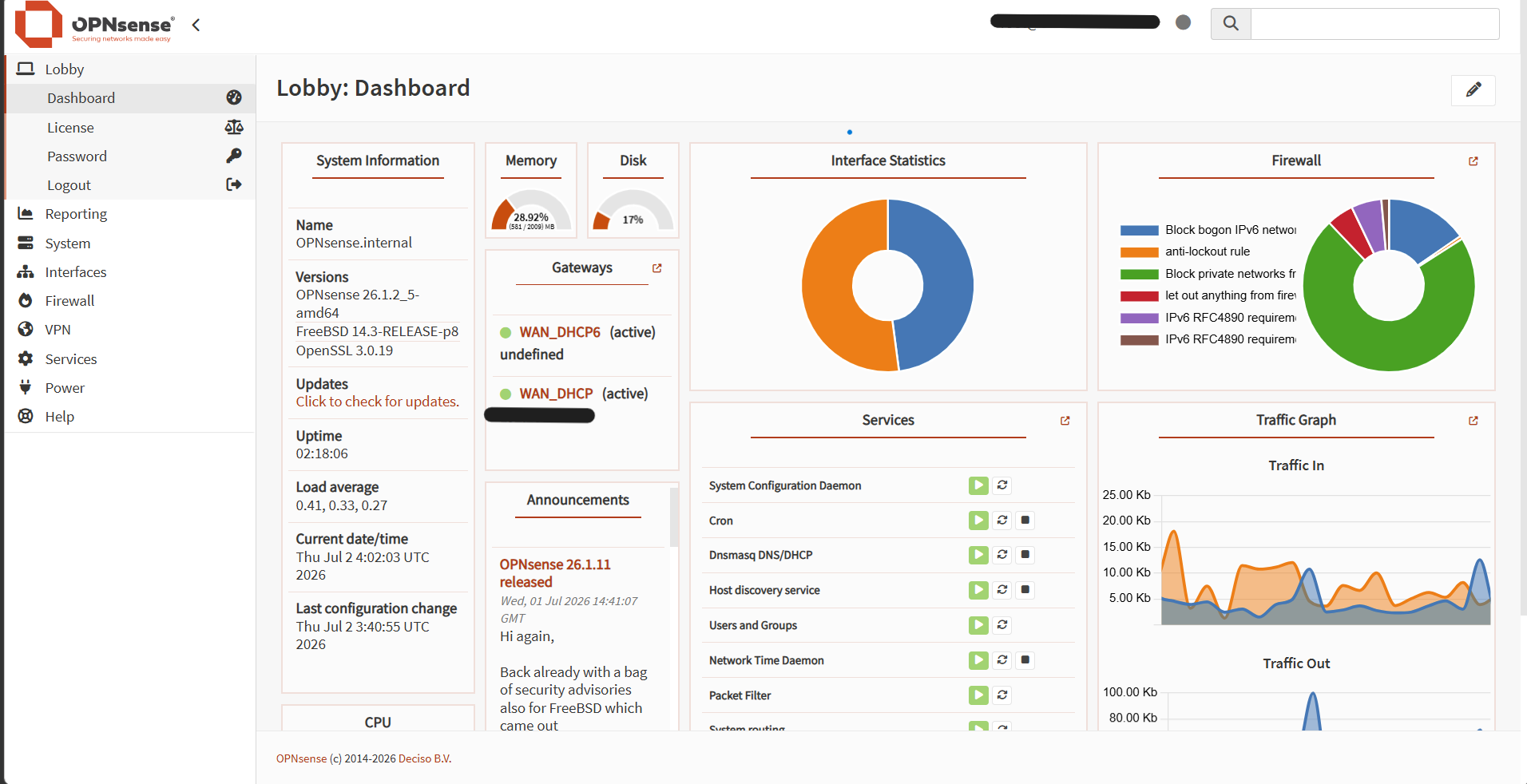 OPNsense dashboard showing active WAN gateways and running services