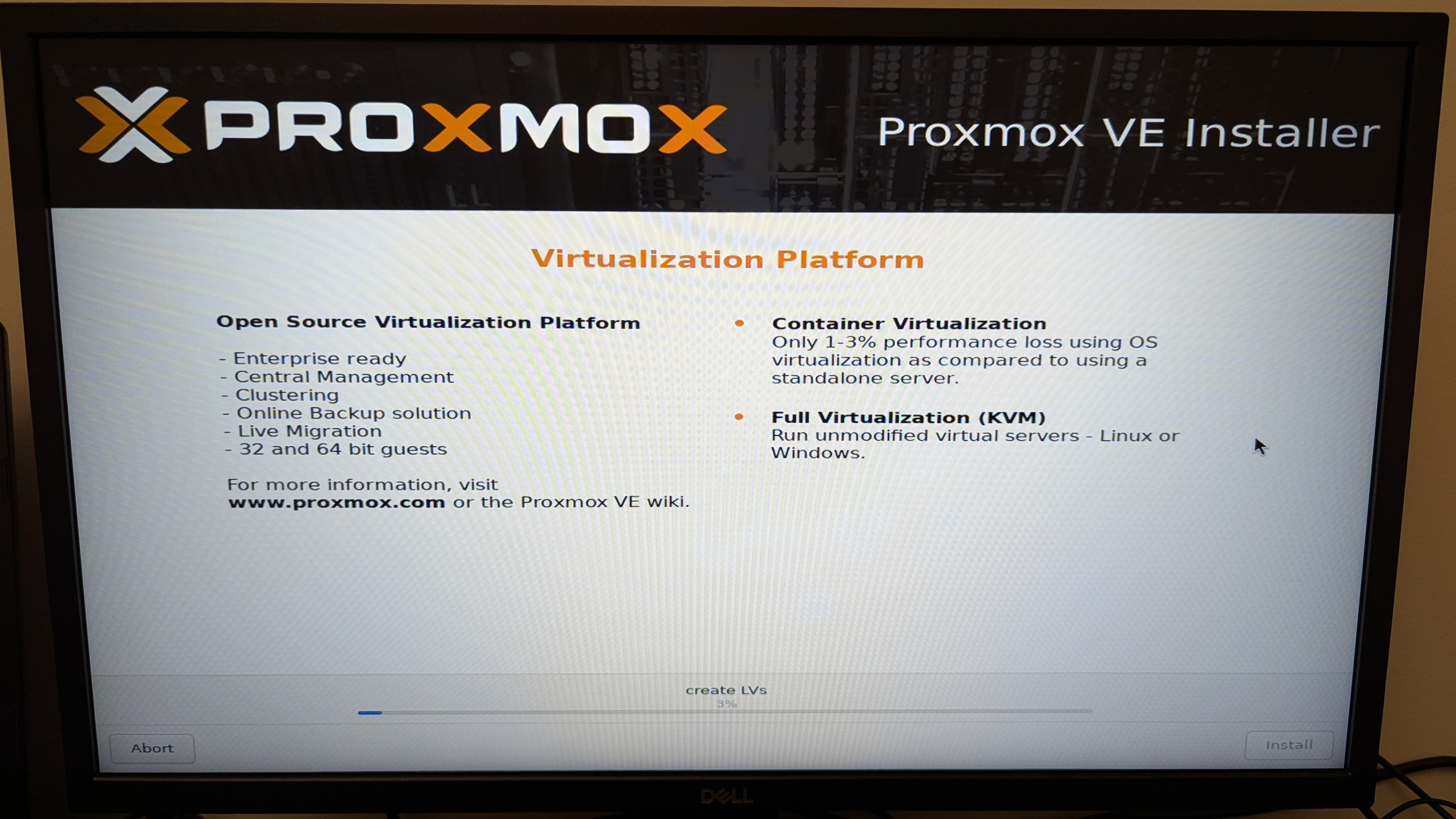 Proxmox VE Installer running on the OptiPlex 3050, creating logical volumes at three percent