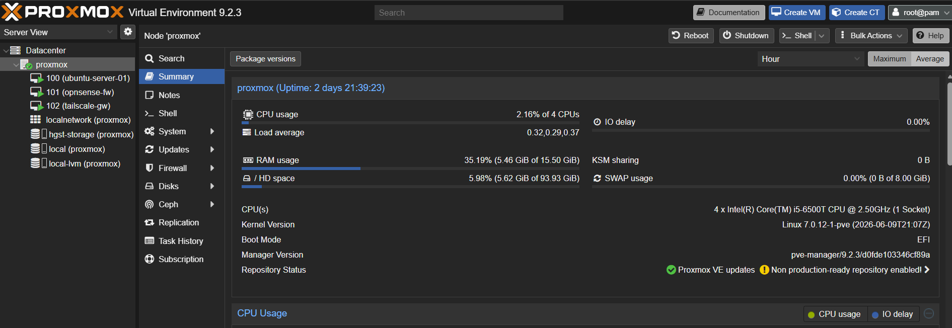 Proxmox VE node summary showing three running VMs