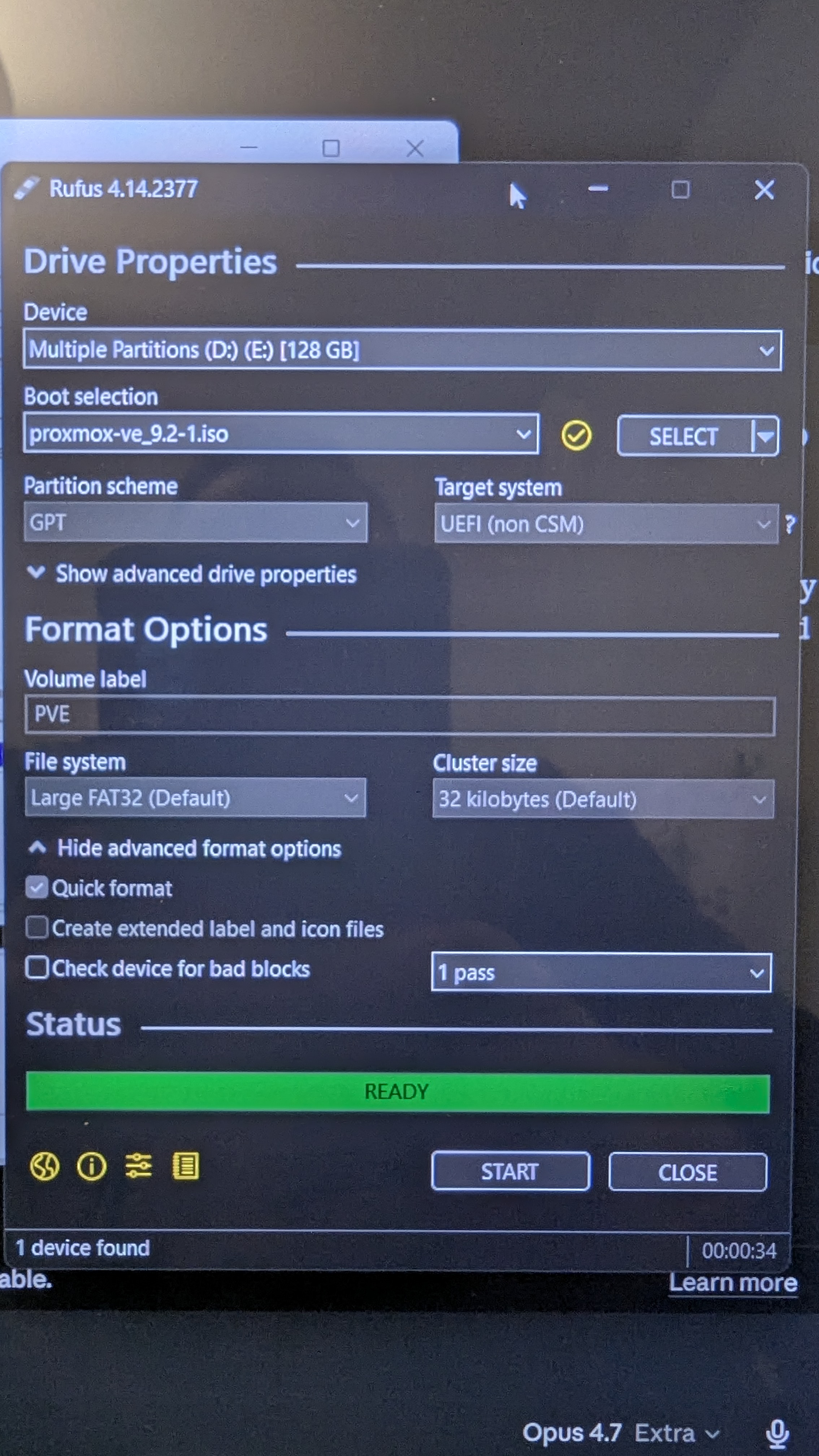 Rufus 4.14 set to GPT partition scheme and UEFI target, ready to flash the Proxmox ISO to a SanDisk drive